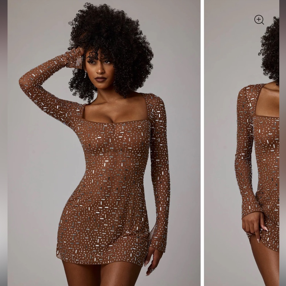 Oh Polly Brown Long-Sleeve Mini Dress with Silver Embellishment - Picture 2 of 9
